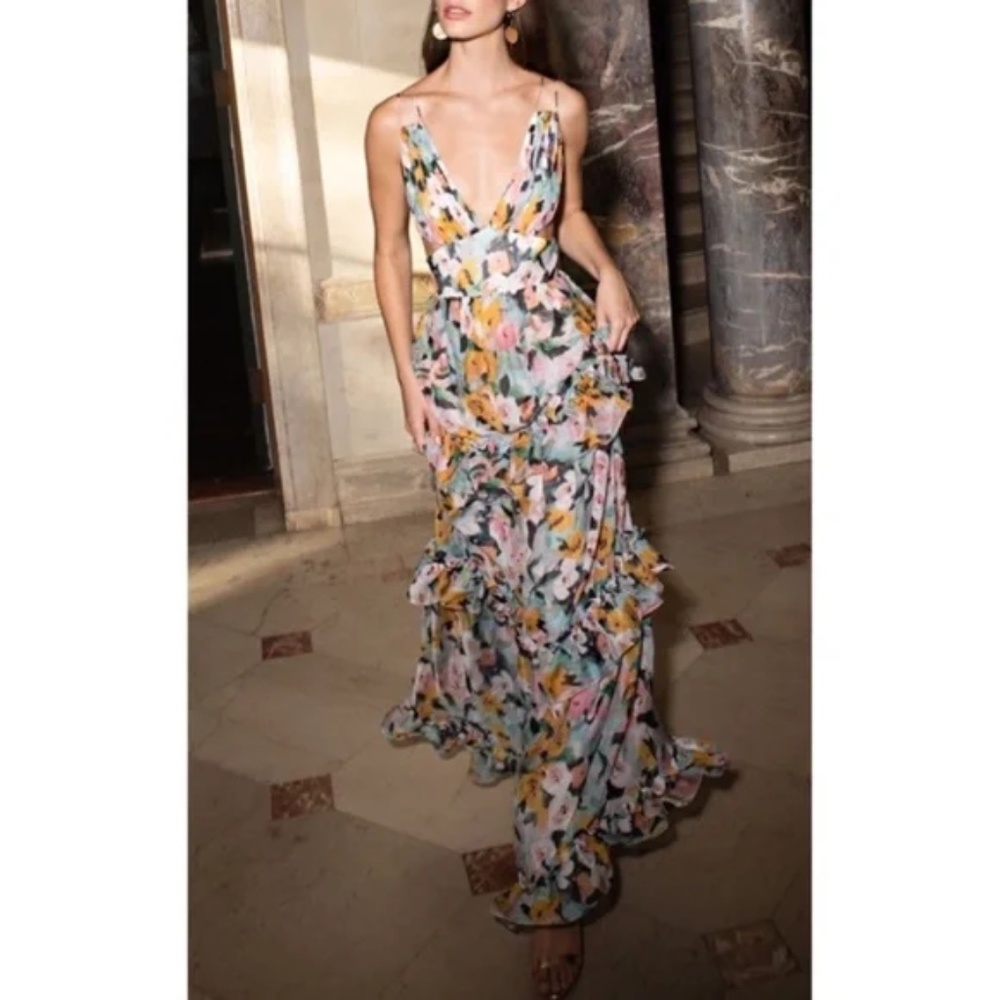 AMUR Drew SILK Ruffle Floral Gown Maxi Dress Multi Color 4